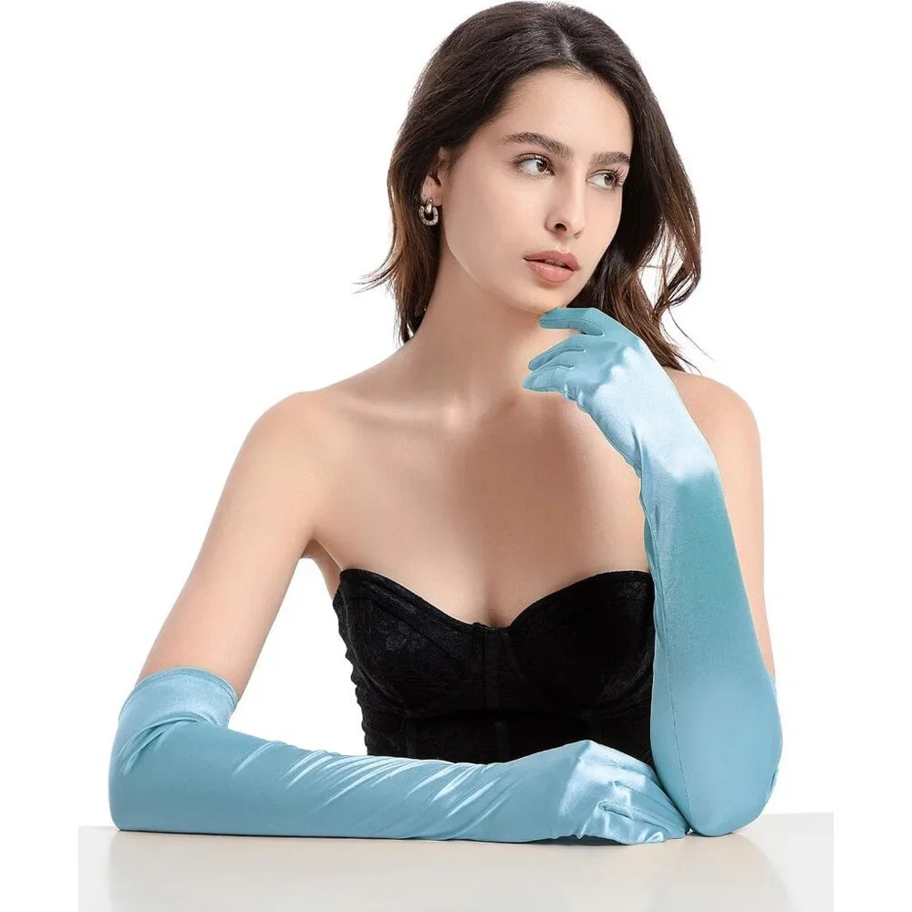 Women's Evening Blue Long Satin Gloves Elbow Length Formal Party Prom Wear